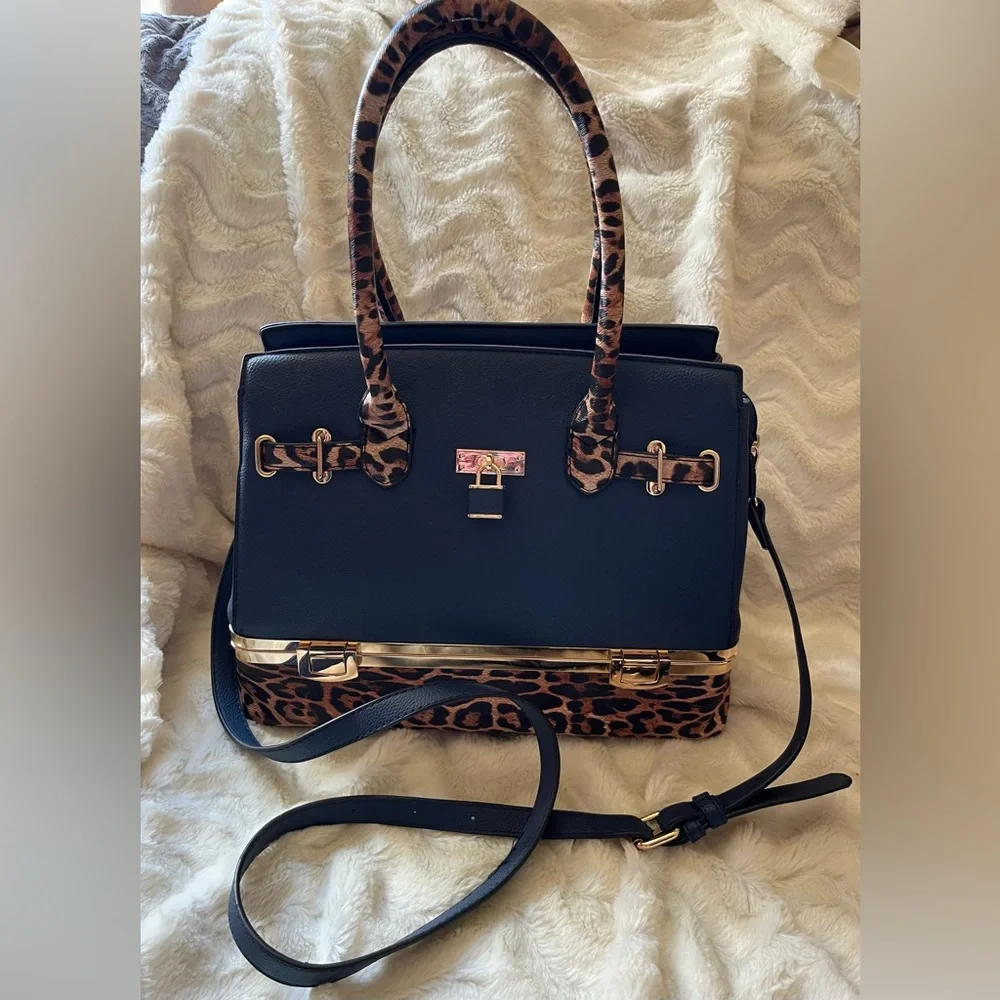 Blue Faux Leather Tote Handbag and Wallet Set